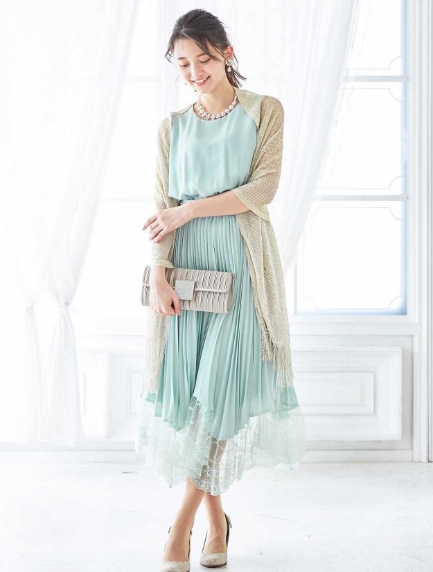 【M】プリーツ裾レースミディ丈ドレス（グリーン）DPSET0054