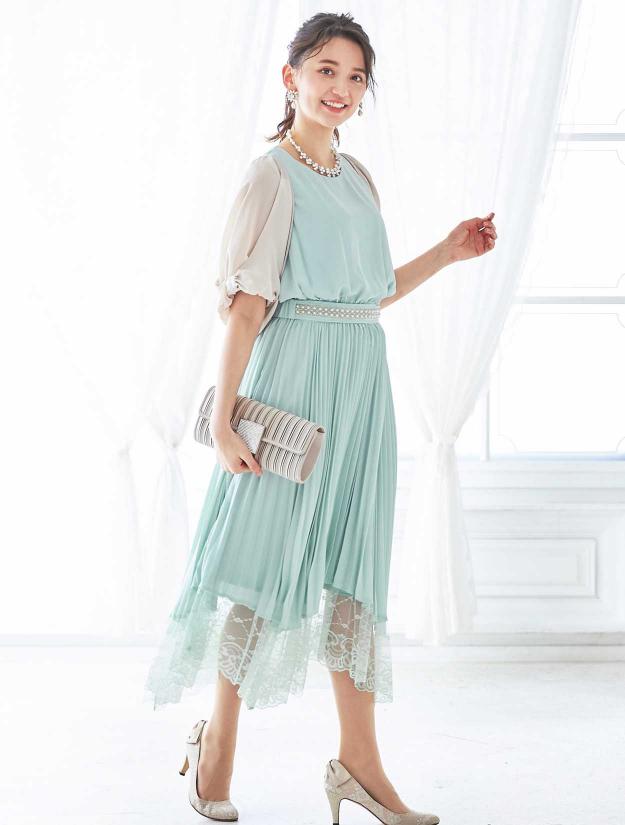 【M】プリーツ裾レースミディ丈ドレス（グリーン）DPSET0055