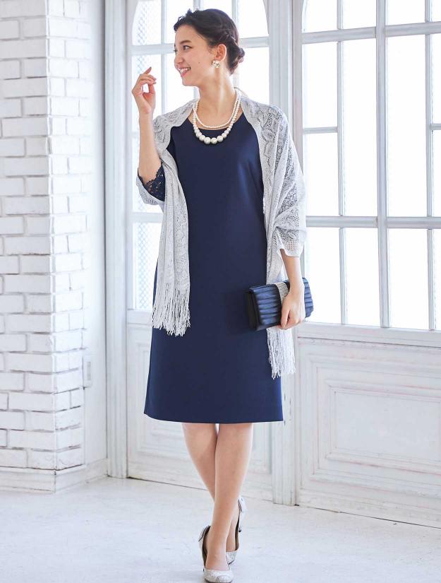 【M/L】袖レースジャージードレス（ネイビー）DPSET0013