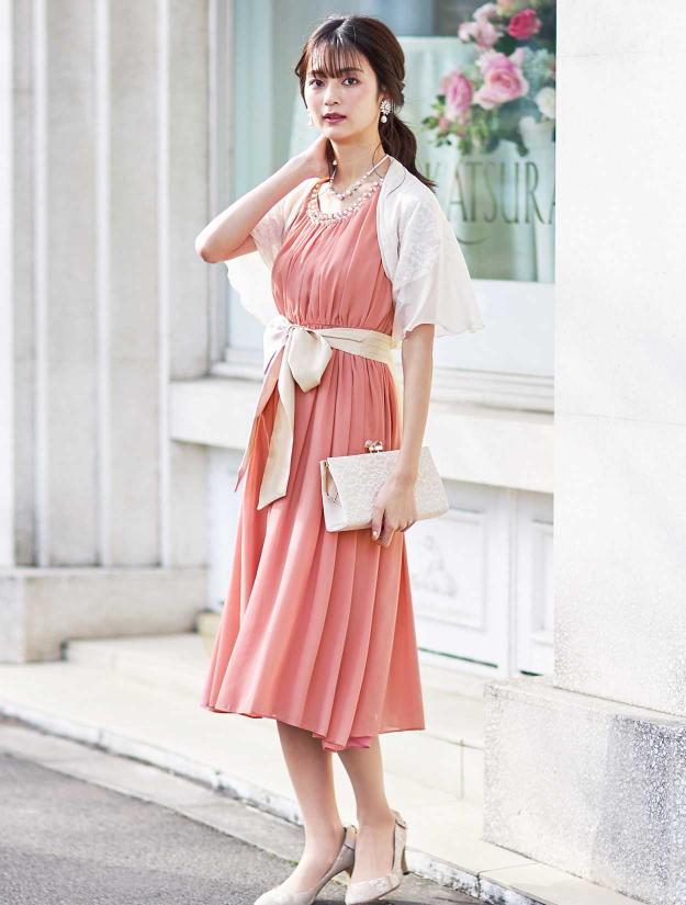 【M/L】襟パールギャザーミディ丈ドレス（ピンク）DPSET0262