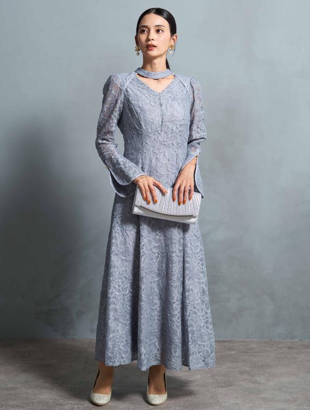 【M】総フラワーレースロングスリーブドレス（サックス）DPSET0718