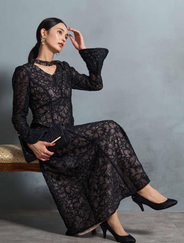 【M】総フラワーレースロングスリーブドレス（ブラック）DPSET0723