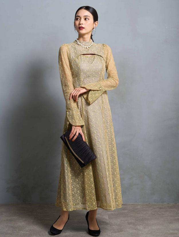 【M/L】ジオメトリックレースドレス（イエロー）DPSET0618