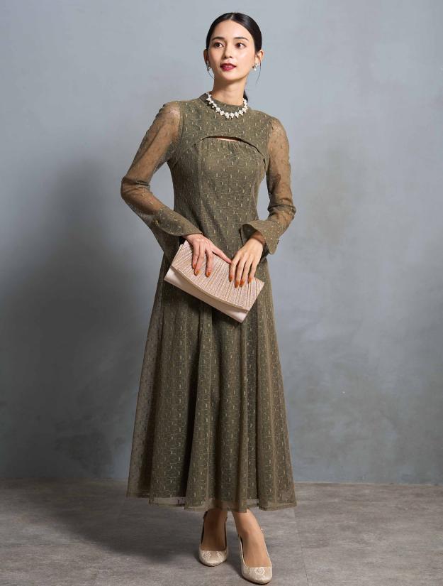 【M/L】ジオメトリックレースドレス（グリーン）DPSET0622