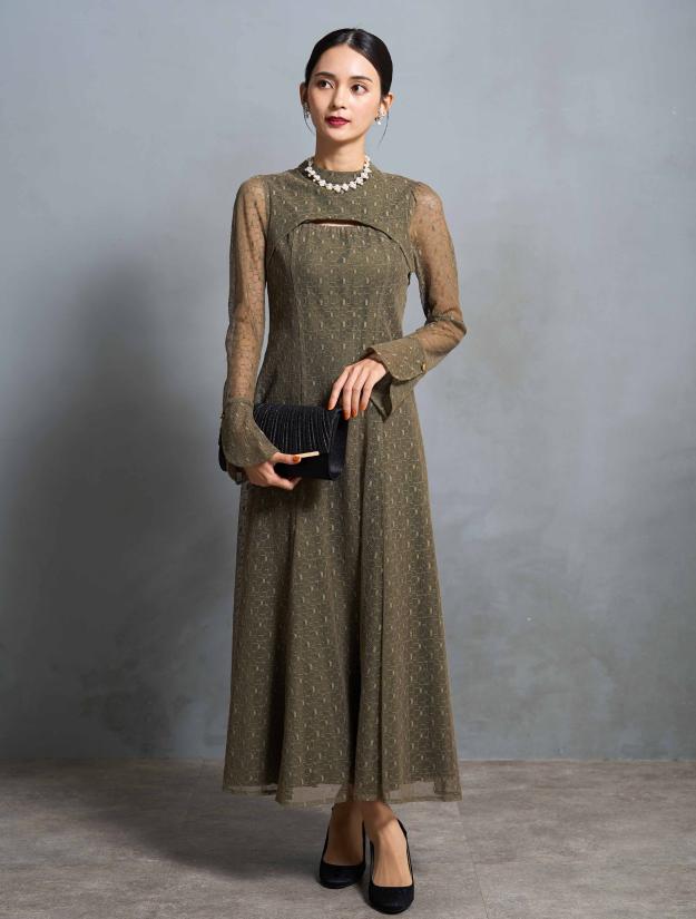 【M/L】ジオメトリックレースドレス（グリーン）DPSET0623