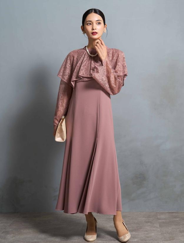 【M/L】2wayケープレイヤードドレス（ピンク）DPSET0632