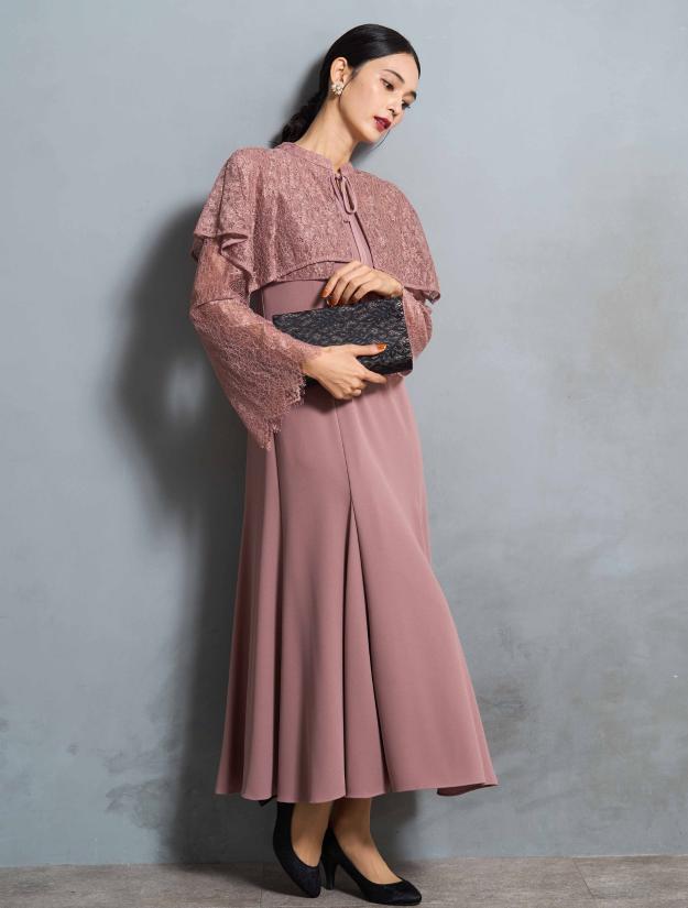 【M/L】2wayケープレイヤードドレス（ピンク）DPSET0633