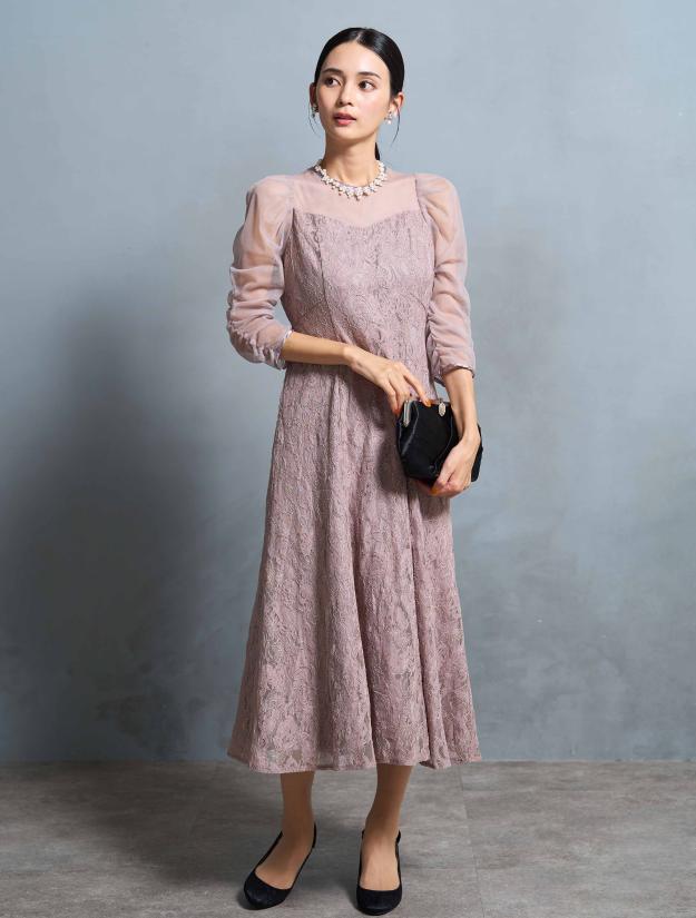 【M】シアースリーブ×レースドレス（ピンクベージュ）DPSET0667