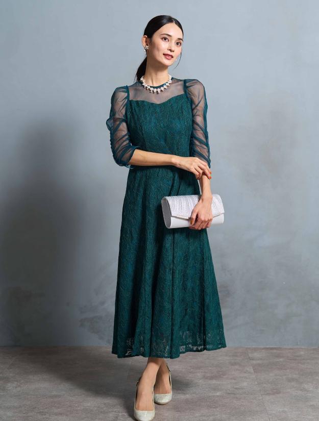 【M】シアースリーブ×レースドレス（グリーン）DPSET0669