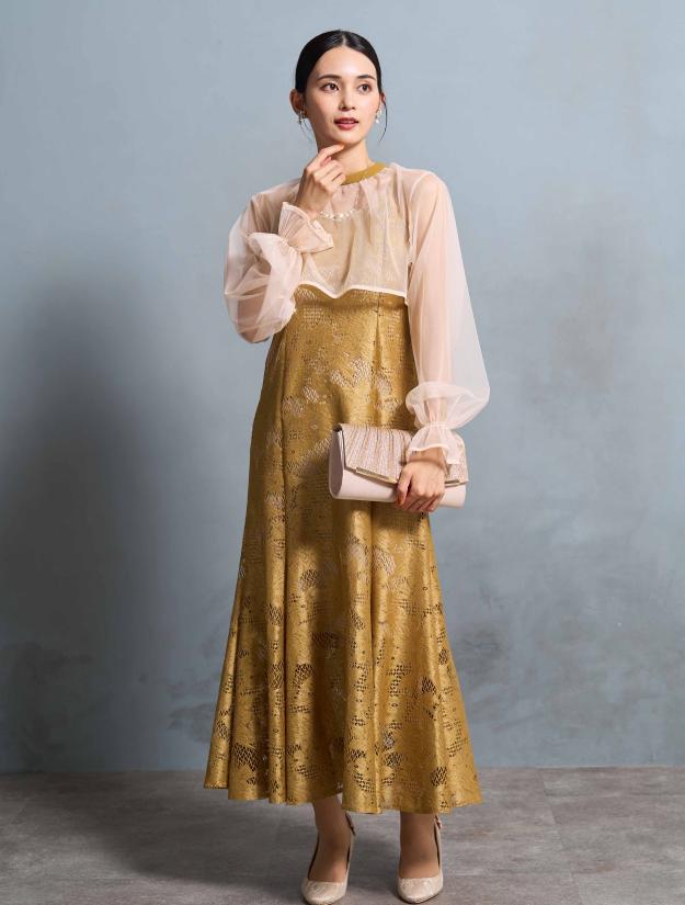 【M/L】シアーブラウス付きマーメイドドレス（イエロー）DPSET0670