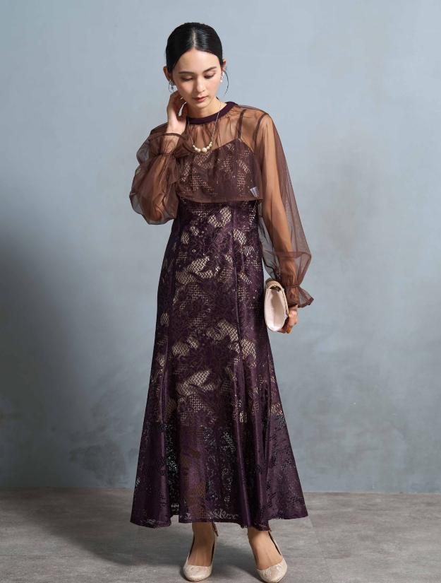 【M/L】シアーブラウス付きマーメイドドレス（ブラウン）DPSET0672