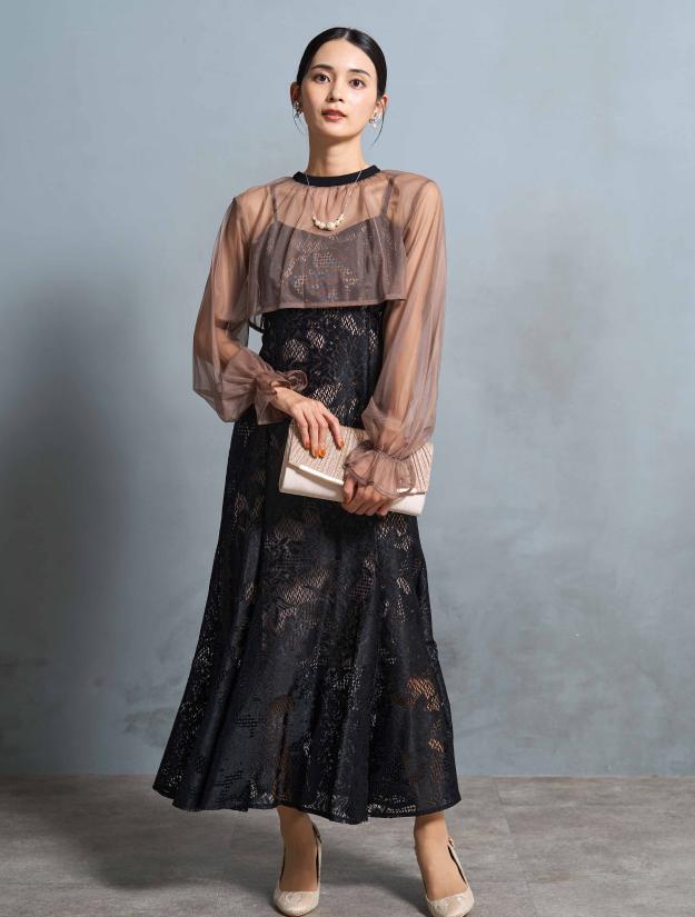 【M/L】シアーブラウス付きマーメイドドレス（ブラック）DPSET0674