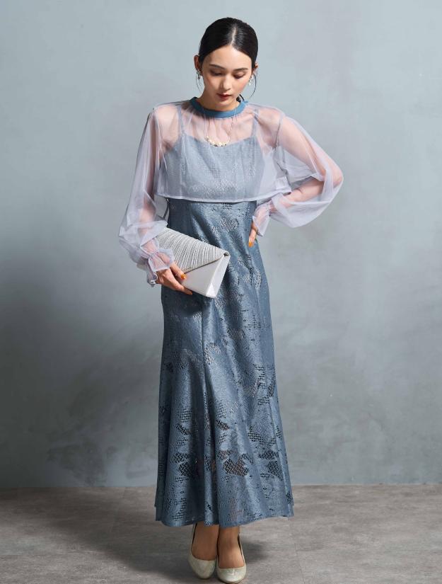 【M/L】シアーブラウス付きマーメイドドレス（ブルー）DPSET0676