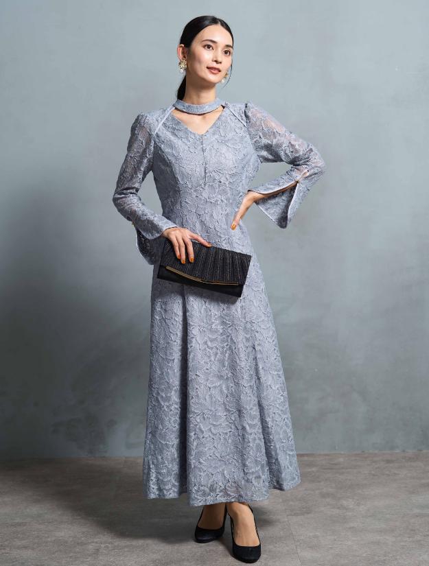 【M】総フラワーレースロングスリーブドレス（サックス）DPSET0719