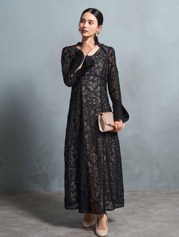 【M】総フラワーレースロングスリーブドレス（ブラック）DPSET0722