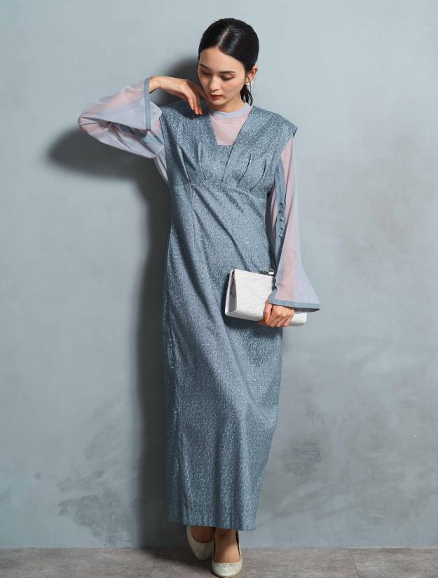 【M/L】シアートップス付きジャガードレースドレス（ブルー）DPSET0725