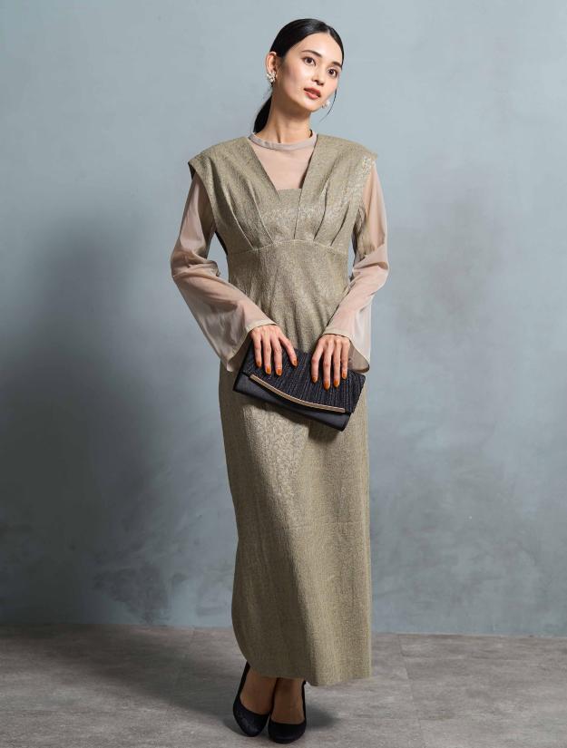 【M/L】シアートップス付きジャガードレースドレス（カーキ）DPSET0726