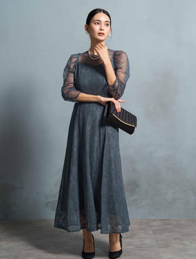 【M】シアースリーブ×レースドレス（Cグレー）DPSET0742