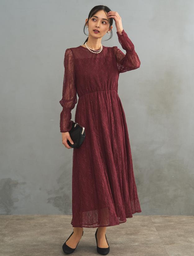 【M/L】総レースロングドレス（ボルドー）DPSET0428