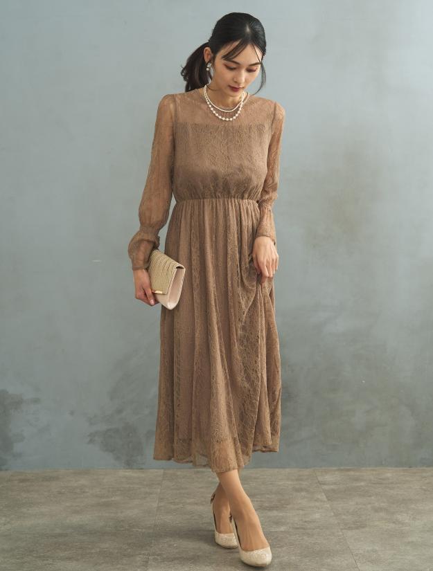 【LL】総レースロングドレス（ベージュ）DPSET0429L