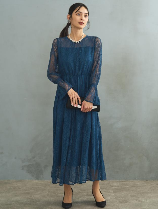 【LL】総レースロングドレス（ブルー）DPSET0431L