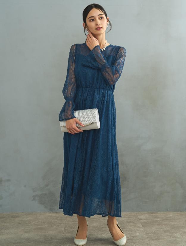 【LL】総レースロングドレス（ブルー）DPSET0432L