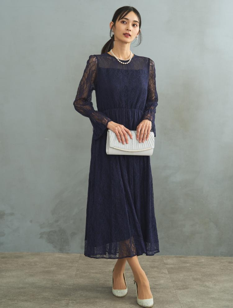 【LL】総レースロングドレス（ネイビー）DPSET0433L