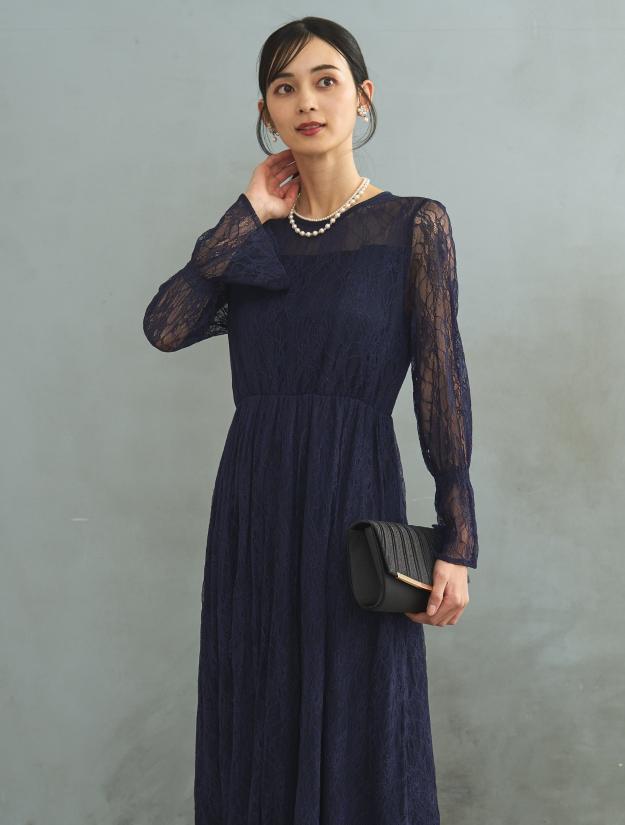 【M/L】総レースロングドレス（ネイビー）DPSET0434