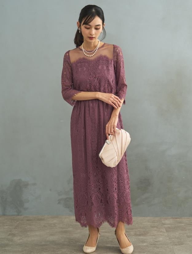 【M】スカラップレースロングドレス（ピンク）DPSET0571