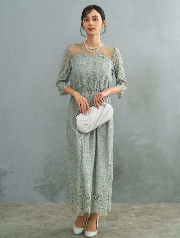 【M】スカラップレースロングドレス（グリーン）DPSET0573