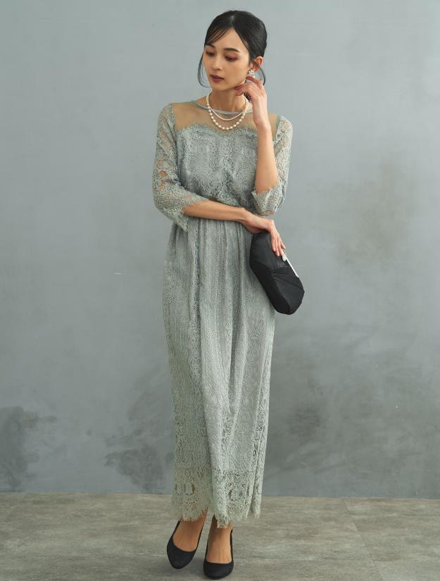 【M】スカラップレースロングドレス（グリーン）DPSET0574