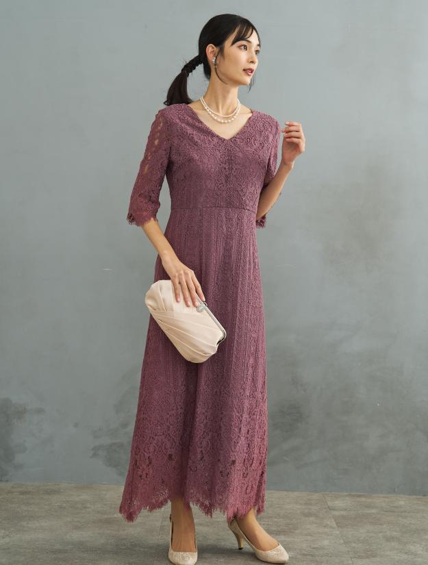 【M】Vネックスカラップレースドレス（ピンク）DPSET0601