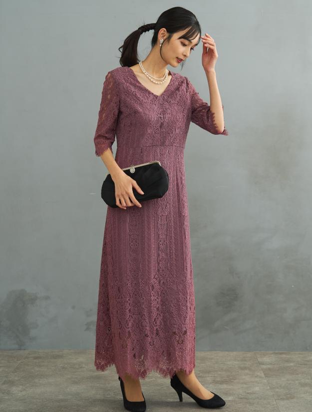 【M】Vネックスカラップレースドレス（ピンク）DPSET0602