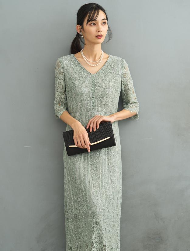 【M】Vネックスカラップレースドレス（グリーン）DPSET0603
