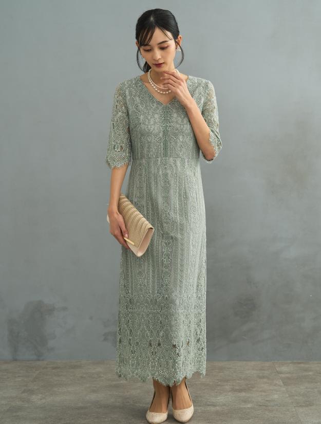 【M】Vネックスカラップレースドレス（グリーン）DPSET0604