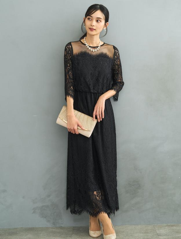 【M】スカラップレースロングドレス（ブラック）DPSET0605