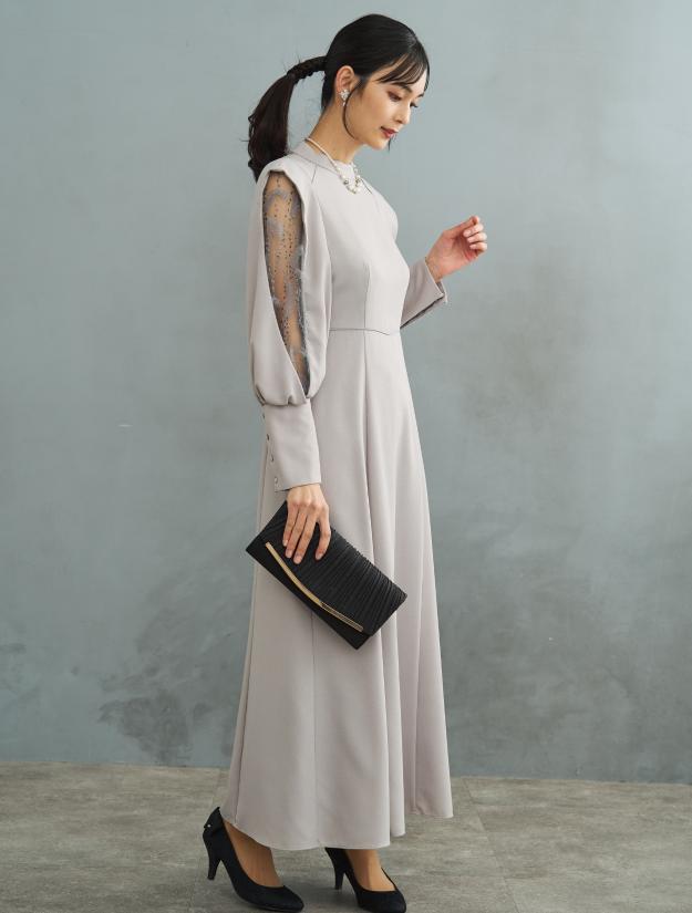 【M/L】レース×スリットスリーブドレス（Lグレー）DPSET0642