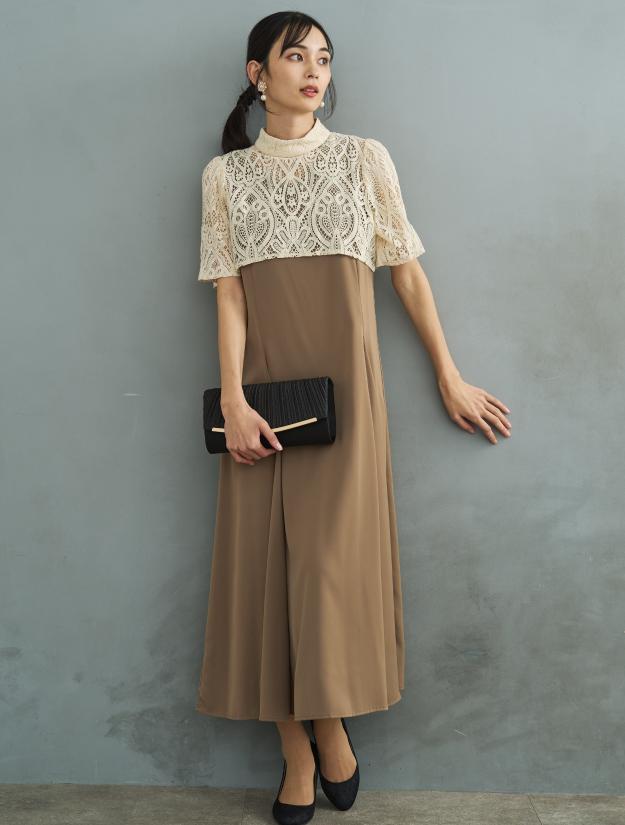 【M】レースブラウスマーメイドドレス（ベージュ）DPSET0649