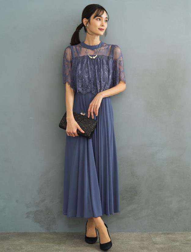 【M】ブラウス風レースロングドレス（ブルー）DPSET0661