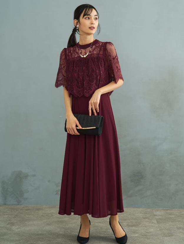 【M/L】ブラウス風レースロングドレス（ボルドー）DPSET0729