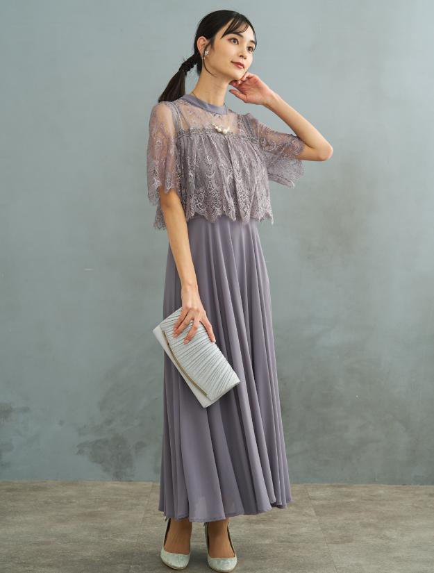 【LL/3L/5L】ブラウス風レースロングドレス（Lグレー）DPSET0736L