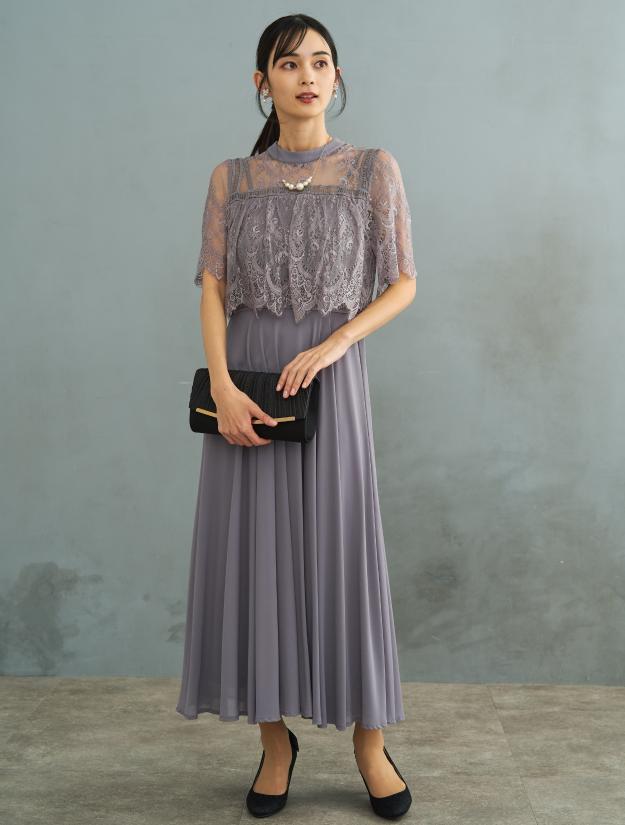 【LL/3L/5L】ブラウス風レースロングドレス（Lグレー）DPSET0737L