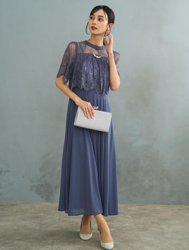 【LL/3L/5L】ブラウス風レースロングドレス（ブルー）DPSET0734L