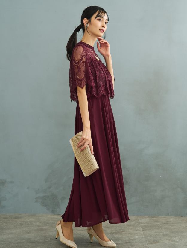 【LL/3L/5L】ブラウス風レースロングドレス（ボルドー）DPSET0738L