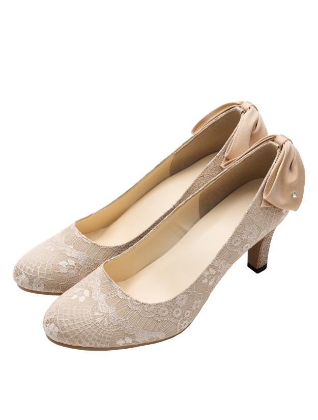 総レース×バックリボンパンプス甲深（ベージュ/24.5）