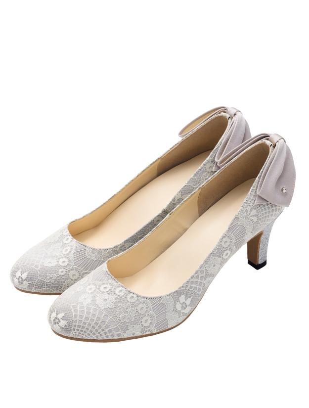 総レース×バックリボンパンプス甲深（シルバー/24.5）