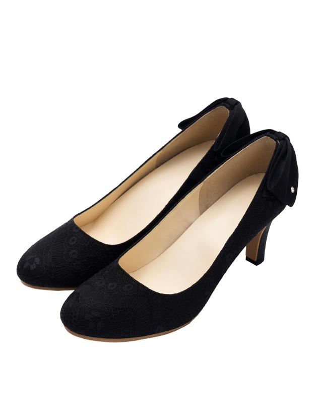 総レース×バックリボンパンプス甲深（ブラック/24.5）