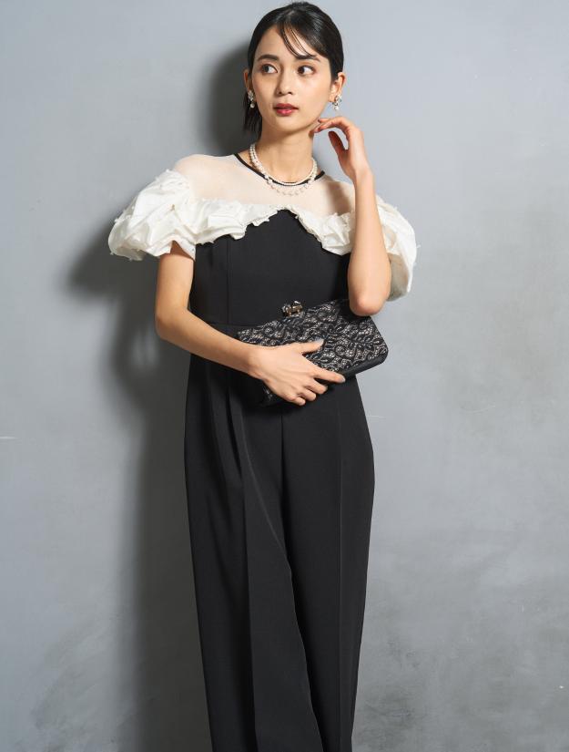 【S/M/L】ラッフルスリーブオールインワンドレス（ブラック）DPSET0810