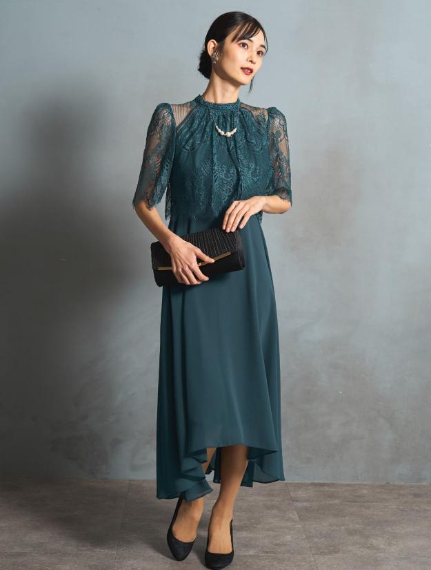 【LL】レーストップスヘム裾ドレス（グリーン）DPSET0775L