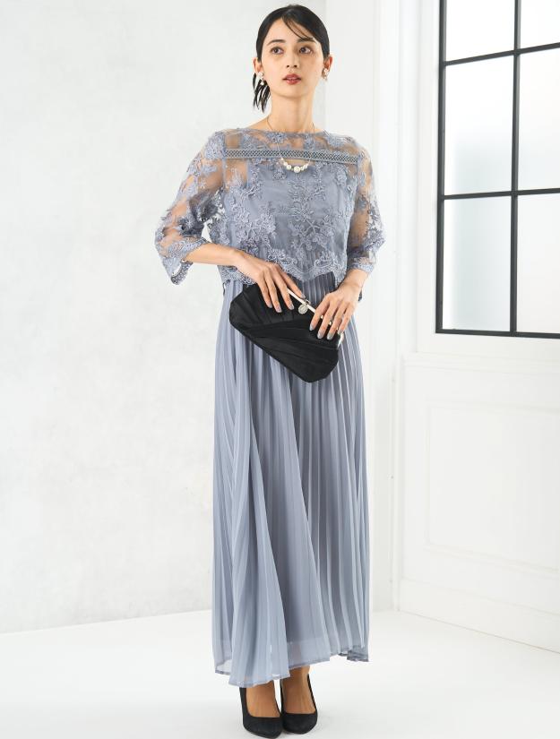 【M】レイヤードプリーツドレス（サックス）DPSET0647